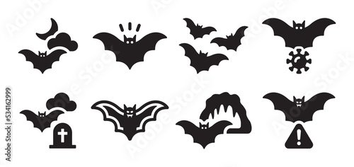 Set of bat icon vector illustration. Collection of spooky black silhouette of bat animal for Halloween night.