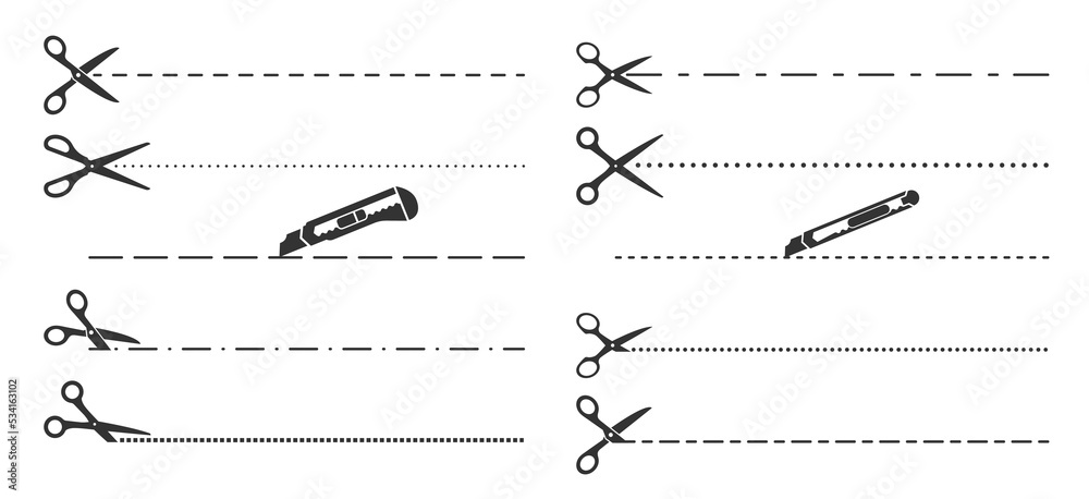 Cut lines, scissors, cutter and utility knife cutting lines, vector icons. Cutting line borders for coupon, paper page separation or envelope letter, cutting off dash line icons of knife and scissors Cut lines, scissors, cutter and utility knife cutting lines, vector icons. Cutting line borders for coupon, paper page separation or envelope letter, cutting off dash line icons of knife and scissors