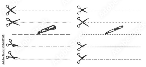 Cut lines, scissors, cutter and utility knife cutting lines, vector icons. Cutting line borders for coupon, paper page separation or envelope letter, cutting off dash line icons of knife and scissors