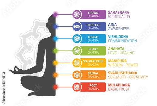 The 7 Chakras and their meanings banner. Containing crown, third eye, throat, heart, solar plexus, sacral and root chakra symbol. Vector illustration.