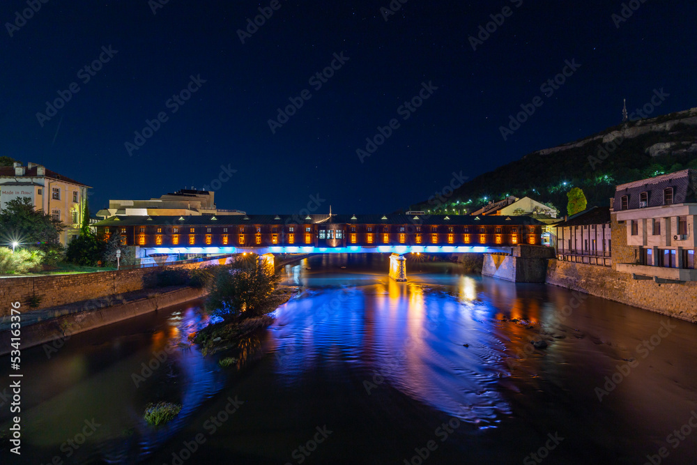 The covered bridge in Lovech at night time