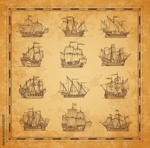 Sail ship, sailboat and brigantine sketch on vintage map, vector grunge background. Marine sail ships, pirate frigates with sails and cannons for treasure island and Caribbean adventure map
