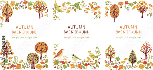 秋の紅葉・落ち葉・小鳥のイラストフレームセット　縦