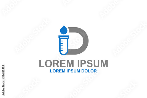 Tube glassware logo design initial letter D with drop water laboratory icon symbol