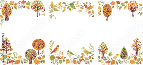 秋の紅葉・落ち葉・小鳥のイラストフレームセット　縦