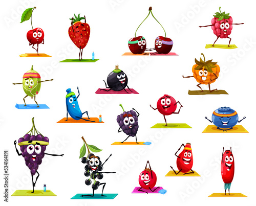 Cartoon berry fruits characters in yoga poses. Funny cherry, strawberry and raspberry, gooseberry, honeysuckle and grapes, dog rose and blackcurrant berries doing yoga, pilates fitness sport exercises