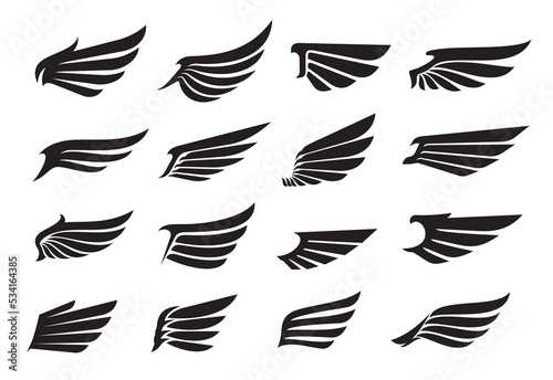Eagle wing icons, angel wing tattoo and bird feather silhouettes, vector heraldic symbols. Wings emblem of angel or eagle, freedom and power signs, dove bird feathers for aviation and royal heraldry