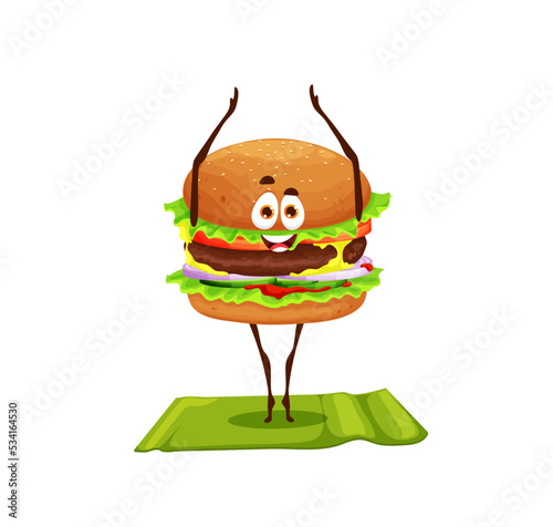 Cartoon funny burger character on yoga fitness. Happy smiling fast food meal vector personage or sandwich funny character. Comical burger personage doing yoga or fitness exercises