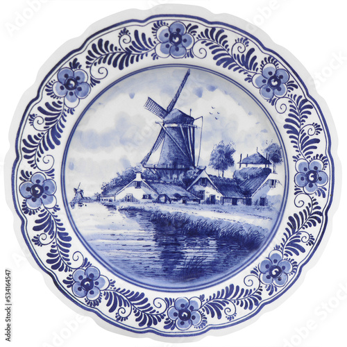 Old vintage blue and white ceramic plate with Dutch motifs as a souvenir © smuki
