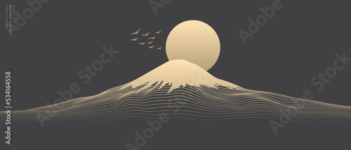 Vector abstract art Mount Fuji Japan landmark, landscape mountain with birds and sunrise sunset by gold line art texture isolated on dark grey black color background. Minimal luxury style. photo