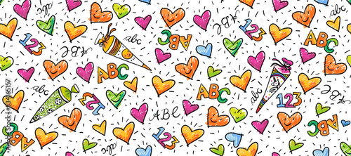 Seamless decorative birthday or school pattern - happy hearts with numbers and letters. colorful hand-drawn doodles. Suitable for wrapping paper, decoration, party paper, gift market. school supplies