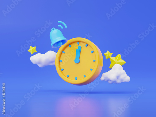 3d render of alarm clock with cloud and star isolated on blue. photo