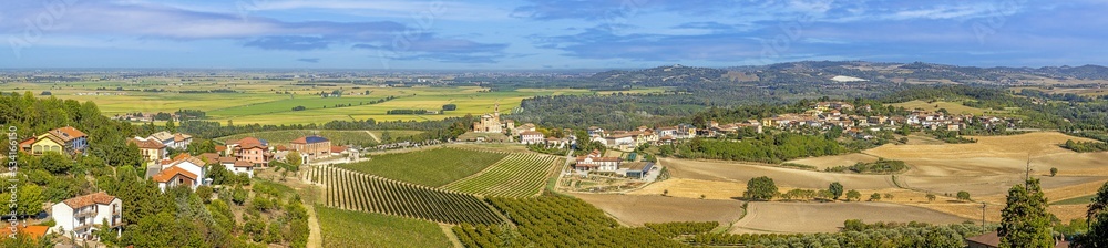 View over the Po Valley from the mountains of Piedmont from the village of Camino during the day View over the Po Valley from the mountains of Piedmont from the village of Camino during the day