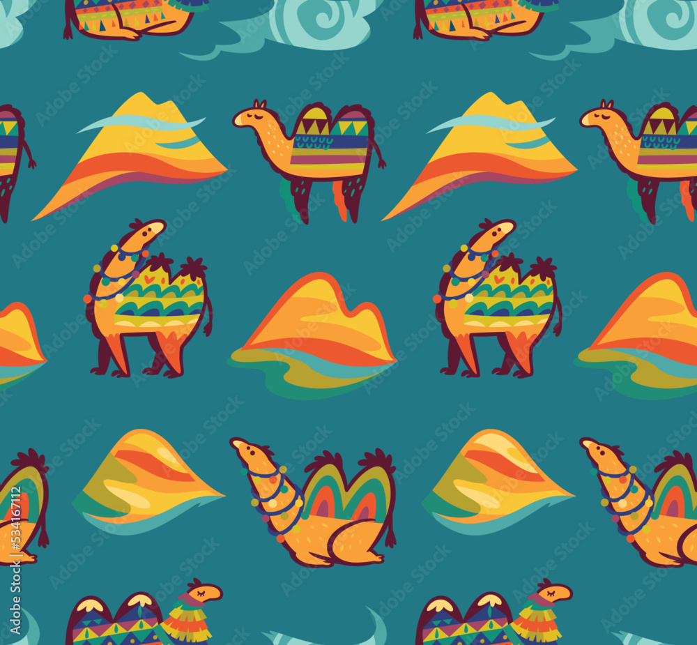 Naklejka premium Childish seamless pattern with camels, desert and hills isolated on green blue colours