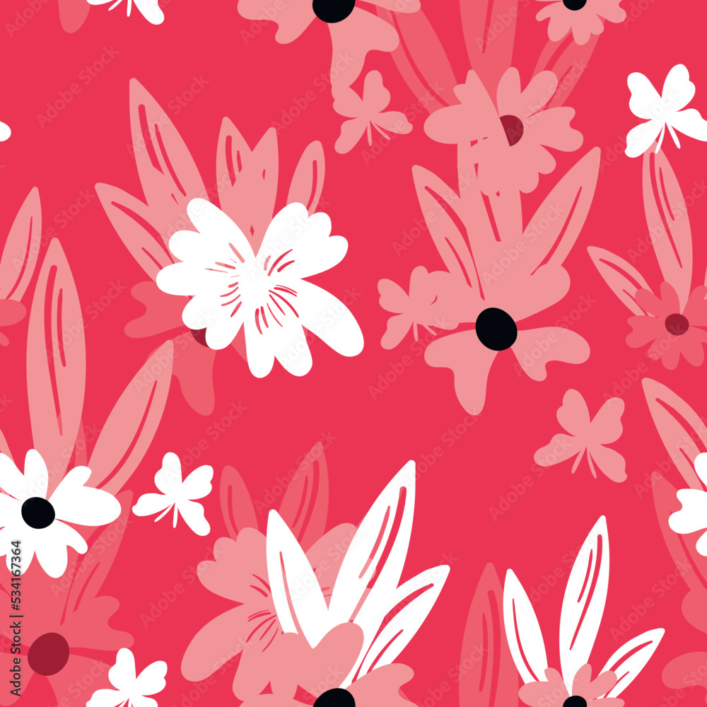 Seamless floral pattern based on traditional folk art ornaments. Colorful flowers on color background. Scandinavian style. Vector illustration. Simple minimalistic pattern