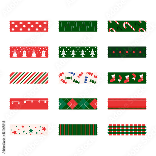 christmas decorative tape washi sticker strips for text decoration. Set of colorful patterned washi tape. Vector illustration