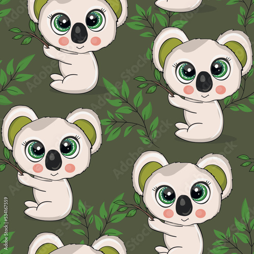 Seamless pattern with cute koala baby on color background. Funny australian animals. Card  postcards for kids. Flat vector illustration for fabric  textile  wallpaper  poster  paper