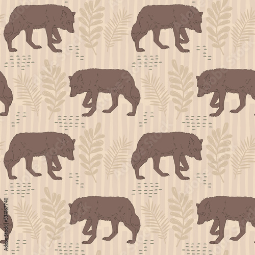 Hand Drawn wolf and branches with leaves on organic background, Vector Seamless pattern For fabrics, clothing, decoration, home decor, cards and templates, wrapping paper, kids prints.