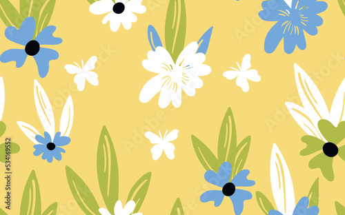 Seamless floral pattern based on traditional folk art ornaments. Colorful flowers on color background. Scandinavian style. Sweden nordic style. Vector illustration. Simple minimalistic pattern