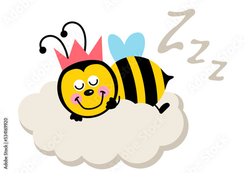 Cute bee sleeping on cloud