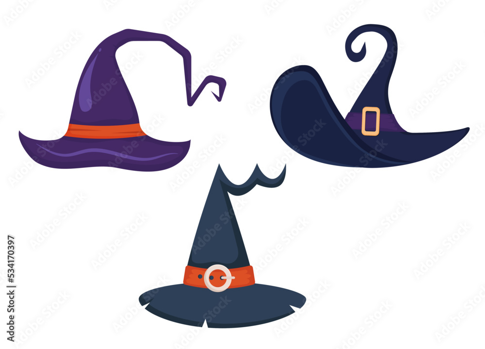 Fototapeta premium Halloween witch hat set. Cartoon vector illustration.