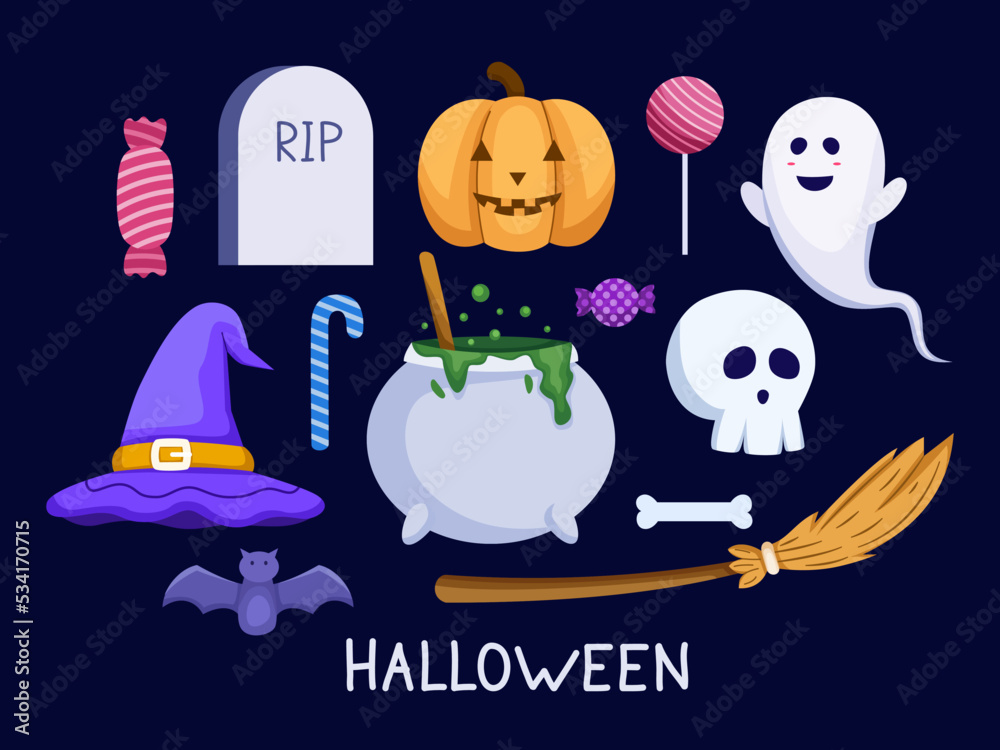 Halloween Clipart set Illustration. Halloween Sticker Set Cartoon illustration.Suitable for print, banner, sticker, poster, greeting card, postcard, etc