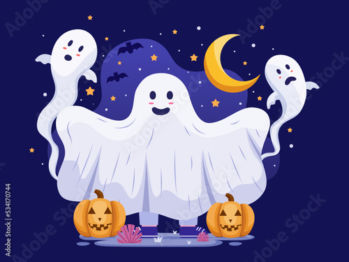 Happy Halloween Illustration Cartoon With A Person Wearing Ghost Costume and Ghost flying around.
Halloween Day Illustration.
Suitable For postcard, greeting card, web, banner, poster, etc