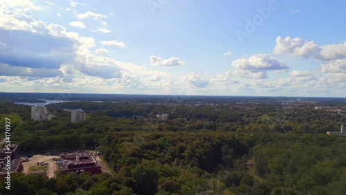 Breathtaking aerial view flight pan to right drone to the Olympia stadion Berlin Germany at summer day 2022. 4k marnitz Cinematic from above photo