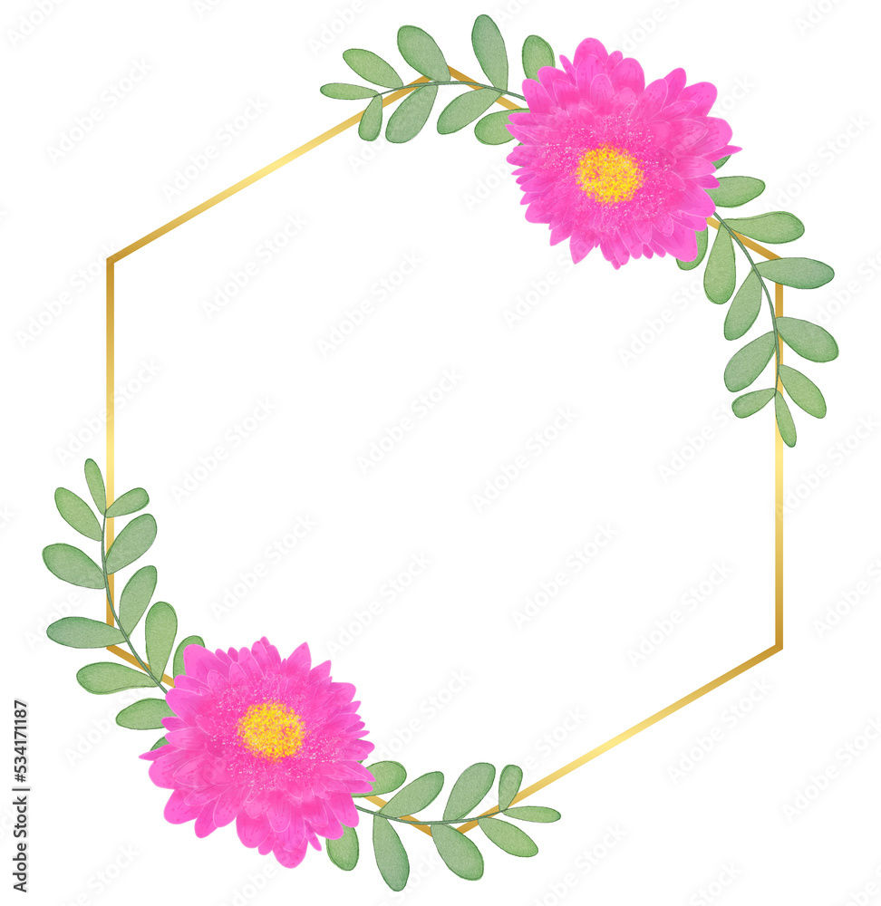 Obraz premium Polygon Gold Frame with Flower and Leaf
