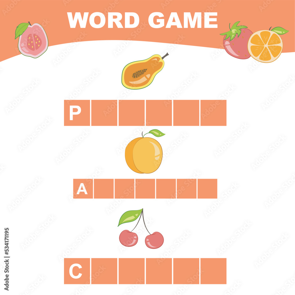 Printable word game worksheet for toddlers. Writing fruits name worksheet for children. Educational printable worksheet. Preschool Education. Vector illustration.
