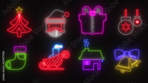 christmas holiday icons created by neon lights for retro futuristic feeling. Its animated, its flickering with glow and lots of colors