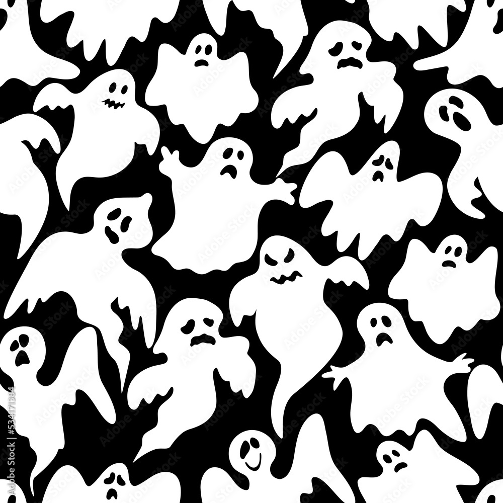 Halloween seamless pattern. Cartoon ghosts on a dark background.  Vector illustration for halloween.