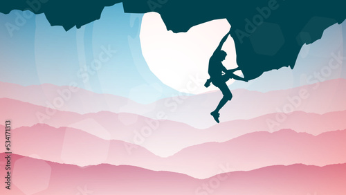 climber on a cliff with mountains as a background. Mountain climber walpaper for desktop. Silhouette of a rock climber. Extreme rock climber. silhouette of a person in the mountains