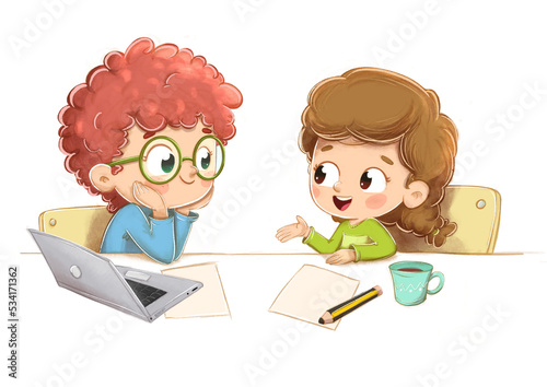 Two girls talking about something interesting while doing homework