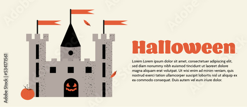 Bannière Halloween et chateau hanté. Illustration vectorielle avec un chateau, citrouille et feuilles d'automne pour la fête d'halloween.