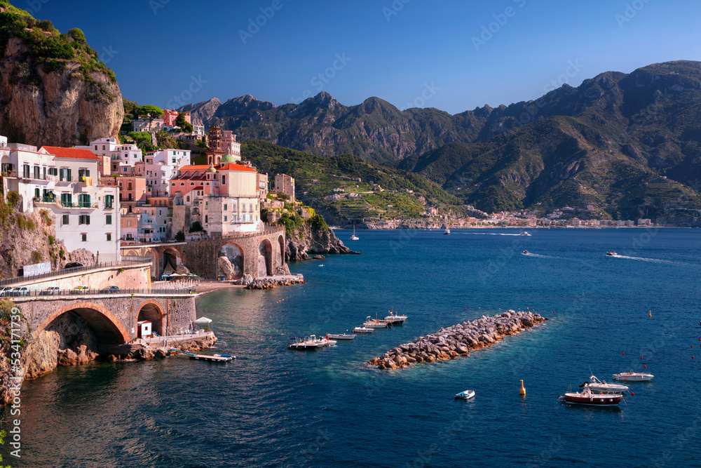 Atrani, Amalfi Coast, Italy. Cityscape image of iconic city Atrani located on Amalfi Coast, Italy at sunny summer day.