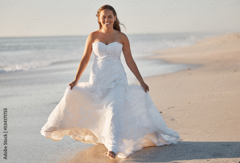 Beach, wedding and portrait of a bride walking along the sea, happy and relax in classic wedding dress. Freedom, celebration and just married girl enjoying nature and ocean while looking cheerful Beach, wedding and portrait of a bride walking along the sea, happy and relax in classic wedding dress. Freedom, celebration and just married girl enjoying nature and ocean while looking cheerful