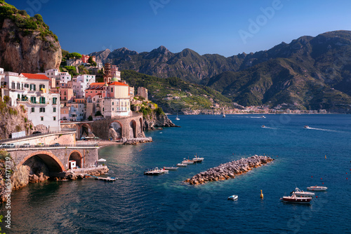 Obraz na płótnie Atrani, Amalfi Coast, Italy. Cityscape image of iconic city Atrani located on Amalfi Coast, Italy at sunny summer day. w salonie