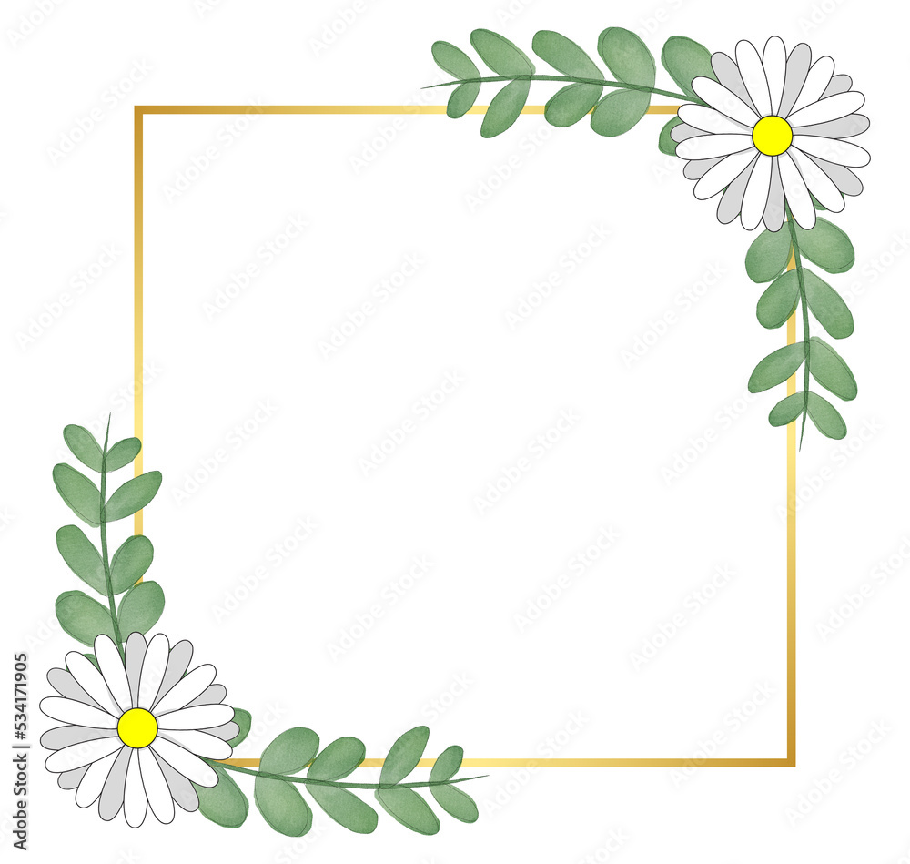 Square Gold Frame with Daisy Flower and Leaf