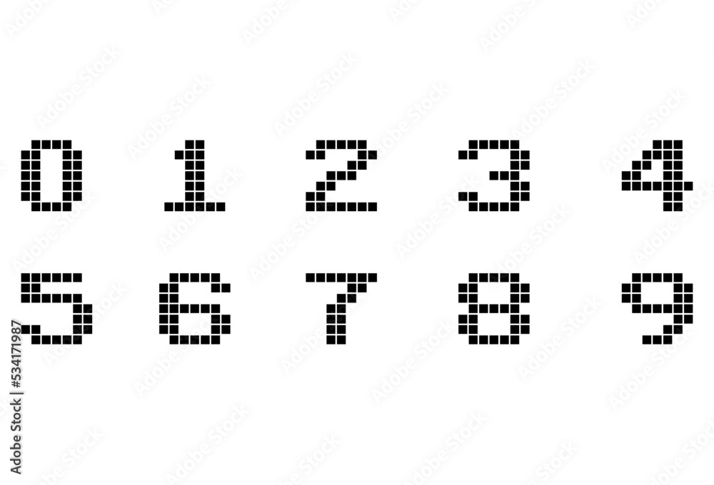 Conjunto de números. Dígitos 1, 2, 3, 4, 5, 6, 7, 8, 9, 0 en fuente de juegos de arcade de estilo retro
