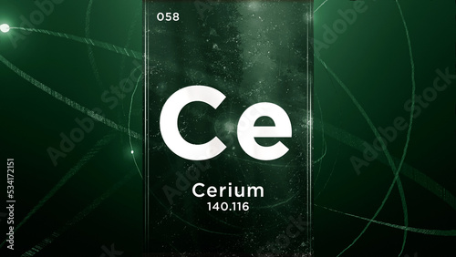 Cerium (Ce) symbol chemical element of the periodic table, 3D animation on atom design background