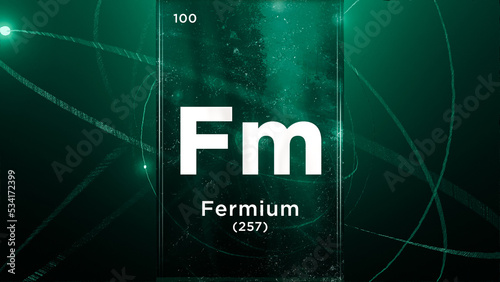 Fermium (Fm) symbol chemical element of the periodic table, 3D animation on atom design background