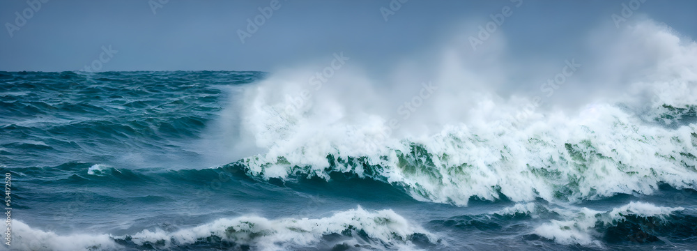 Ocean waves surface texture. Abstract blue water background with splashes of sea foam. 3d illustration