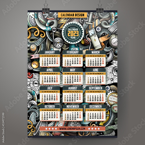 Cartoon doodles Automotive 2023 year calendar