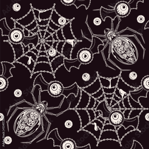 Horrible pattern with monsters, metallic robotic spider, spiderweb, flying human eyeballs with bat wings. Scary, terrible, surreal vector illustration in in steampunk style