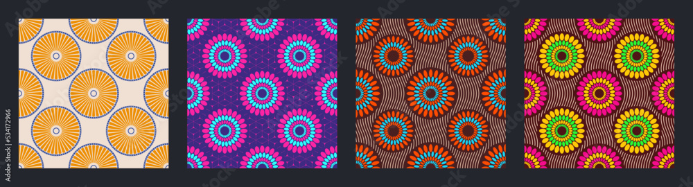 Set of four seamless african fashion vector patterns with circles, round shapes. Bright, vibrant colors. Color illustrations. Set of four seamless african fashion vector patterns with circles, round shapes. Bright, vibrant colors. Color illustrations.