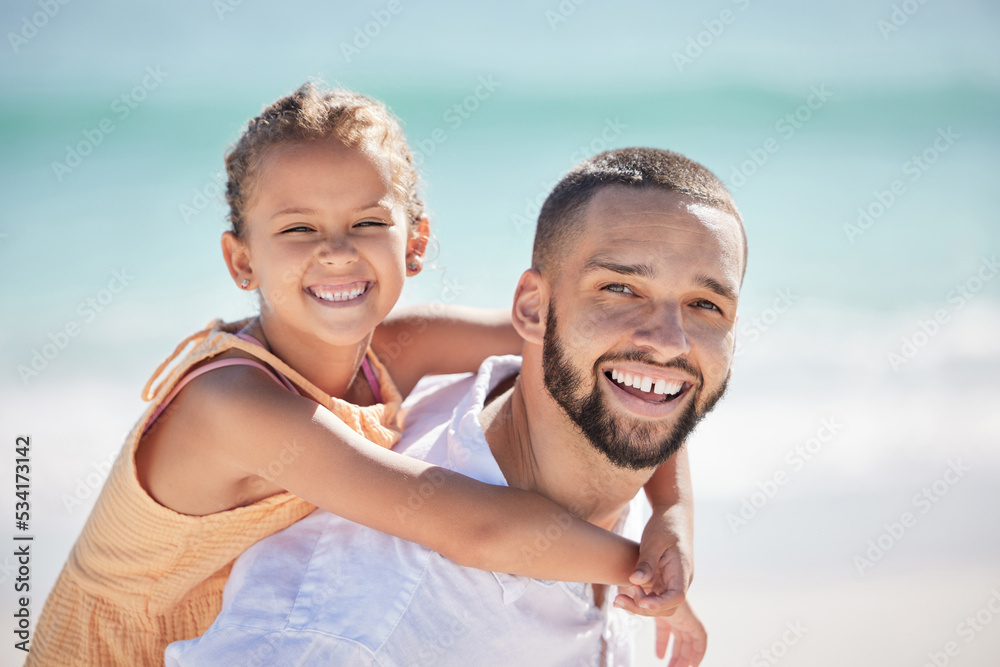 Father, girl or bonding in fun beach game by Mexico ocean or sea for summer family holiday. Portrait, smile and happy man or parent carrying daughter, kid or child playing in nature water environment Father, girl or bonding in fun beach game by Mexico ocean or sea for summer family holiday. Portrait, smile and happy man or parent carrying daughter, kid or child playing in nature water environment
