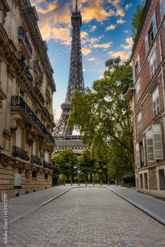 Street view for the Eiffel Towerat sunset, Paris. France