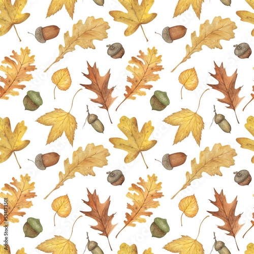 Watercolor dry autumn leaves and acorns seamless patterns. Fall herbarium background.