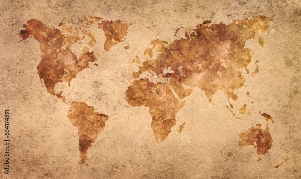 Vintage World map in brown watercolor painting abstract splatters on an old paper.